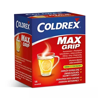 Coldrex MaxGrip, proszek na objawy przeziębienia i grypy o smaku cytrynowym, 14 sasz.