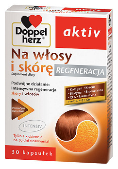 Doppelherz aktiv Na włosy i skórę, kapsułki ze składnikami regenerującymi włosy i skórę, 30 szt.