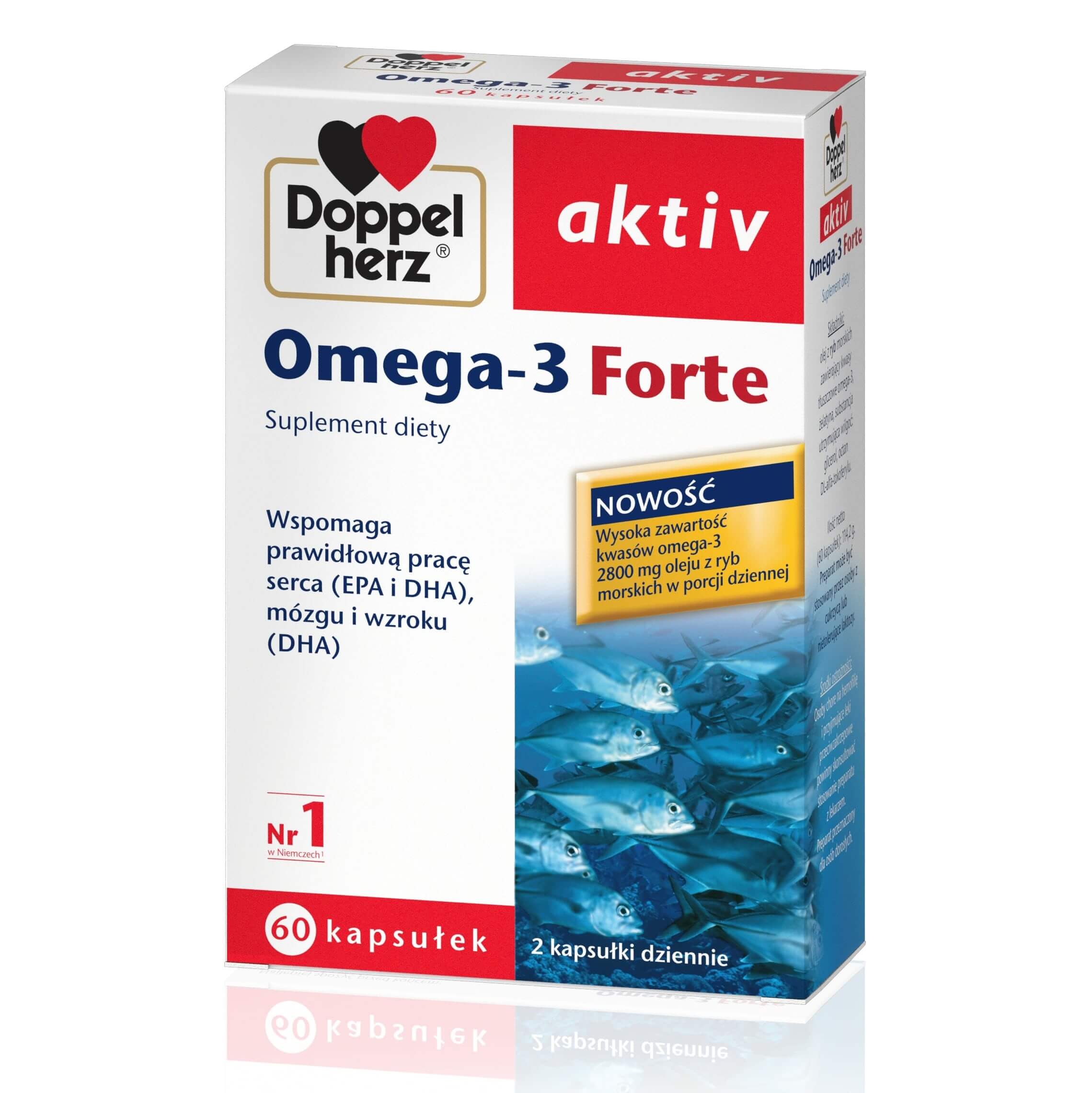Doppelherz aktiv Omega-3 Forte kapsułki ze składnikami wspomagającymi prawidłową pracę serca, 60 szt.  
