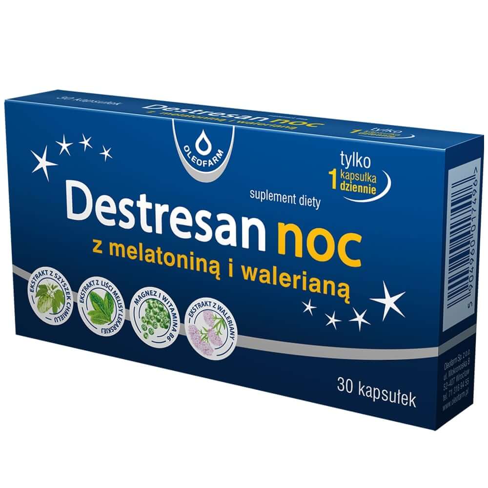 Destresan noc melatoniną i walerianą, kapsułki ze składnikami wspomagającymi zasypianie, 30 szt.