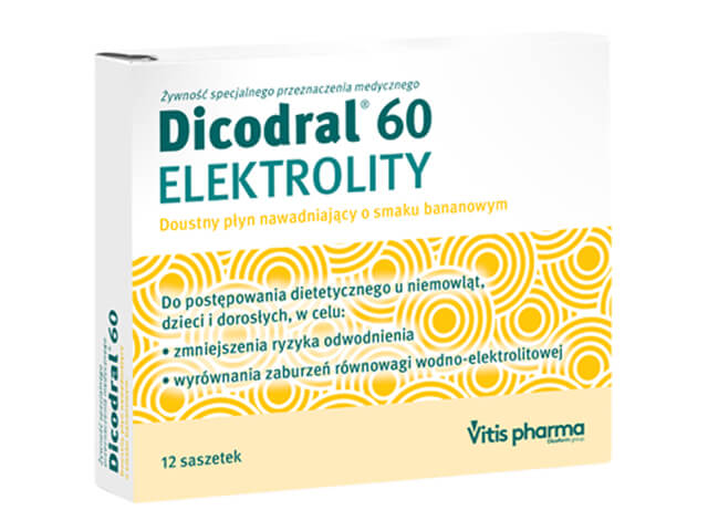 Dicodral 60  proszek do stosowania w biegunce, w przypadku odwodnienia, 12 sasz.
