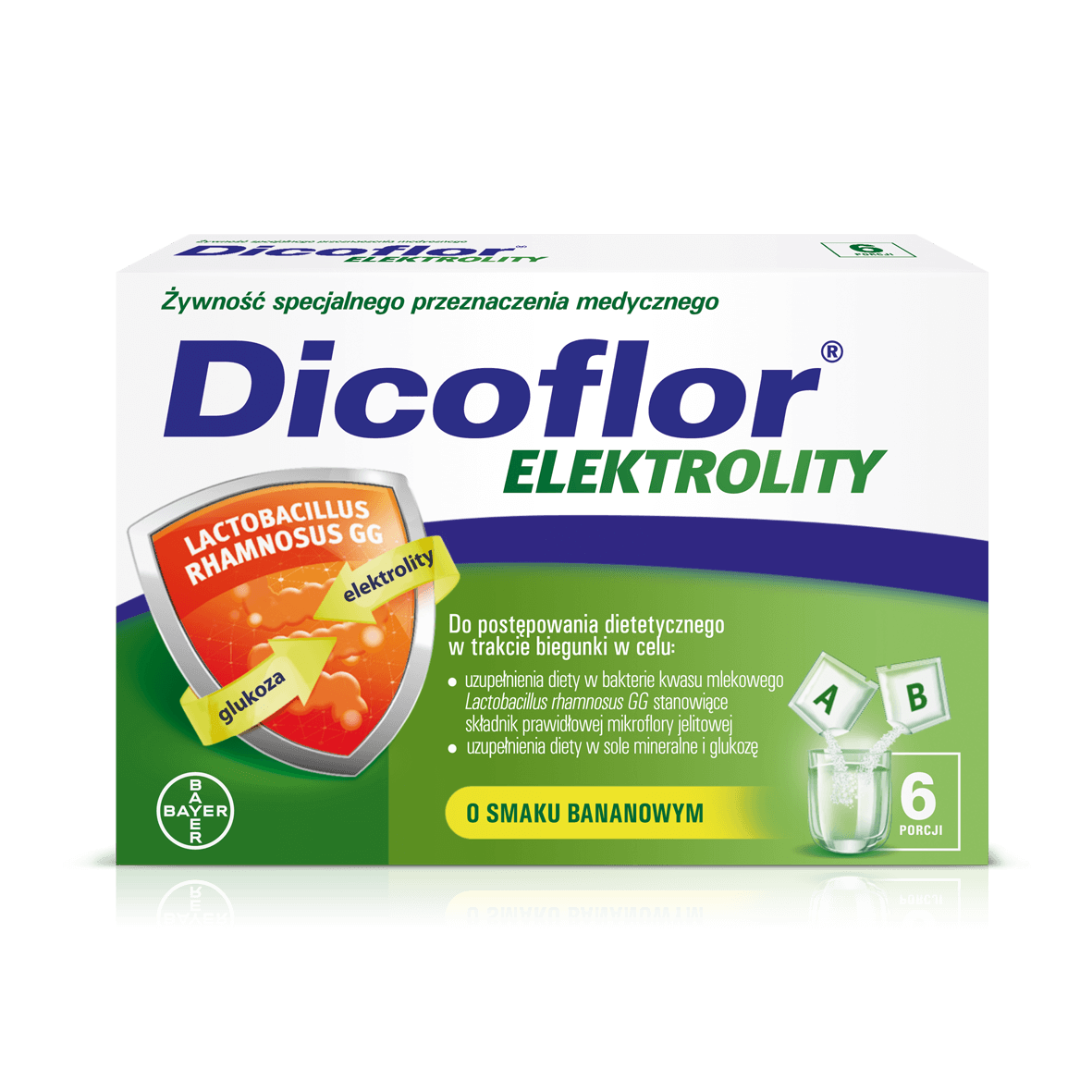 Dicoflor Elektrolity, proszeko smaku bananowym, 6 sasz. A + 6 sasz. B