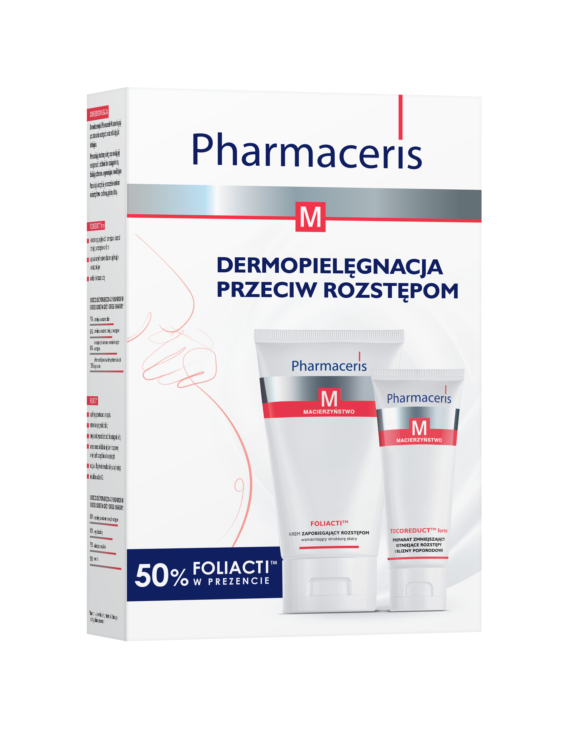 Pharmaceris M Zestaw Foliacti + Tocoreduct Forte, zestaw: krem zapobiegający rozstępom - 150 ml + preparat zmniejszający istniejące rozstępy i blizny poporodowe - 75 ml