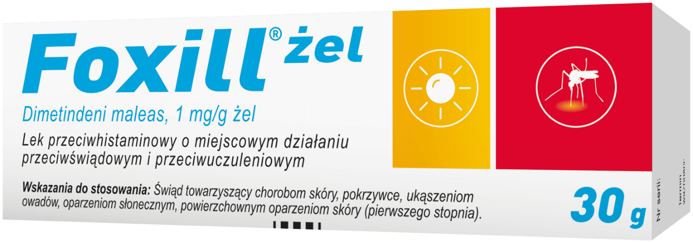 Foxill, żel łagodzący świąd towarzyszący chorobom skóry, pokrzywce, ukąszeniom owadów, oparzeniom słonecznym, 30 g