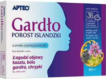 Gardło porost islandzki APTEO , pastylki do ssania o smaku czarnej porzeczki, 36 szt.