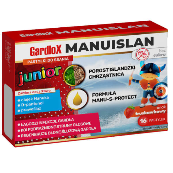 Gardlox Manuislan Junior  na gardło bez cukru o smaku truskawkowym, 16 szt.