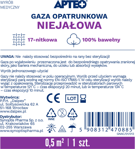 Gaza opatrunkowa APTEO CARE, niejałowa, 0,5 m2, 1 szt.
