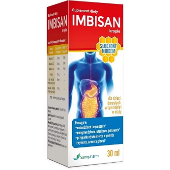 Imbisan, krople ze składnikami wspomagającymi w dolegliwośiach żołądkowo - jelitowych, 30 ml