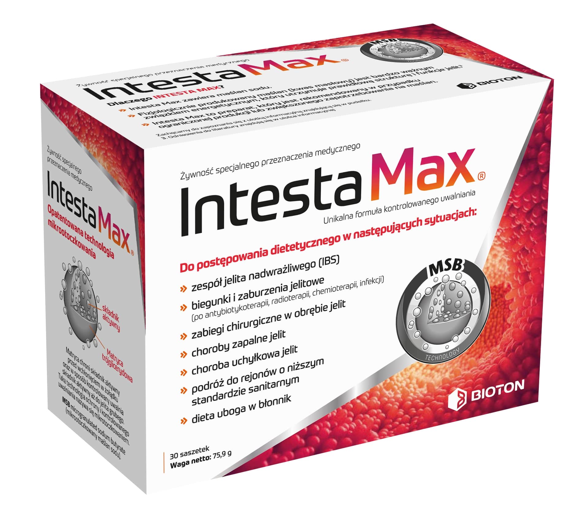 Intesta Max  granulat do stosowania przy IBS, zaburzeniach jelitowych przy nietolerancji leków, biegunce, 30 sasz.