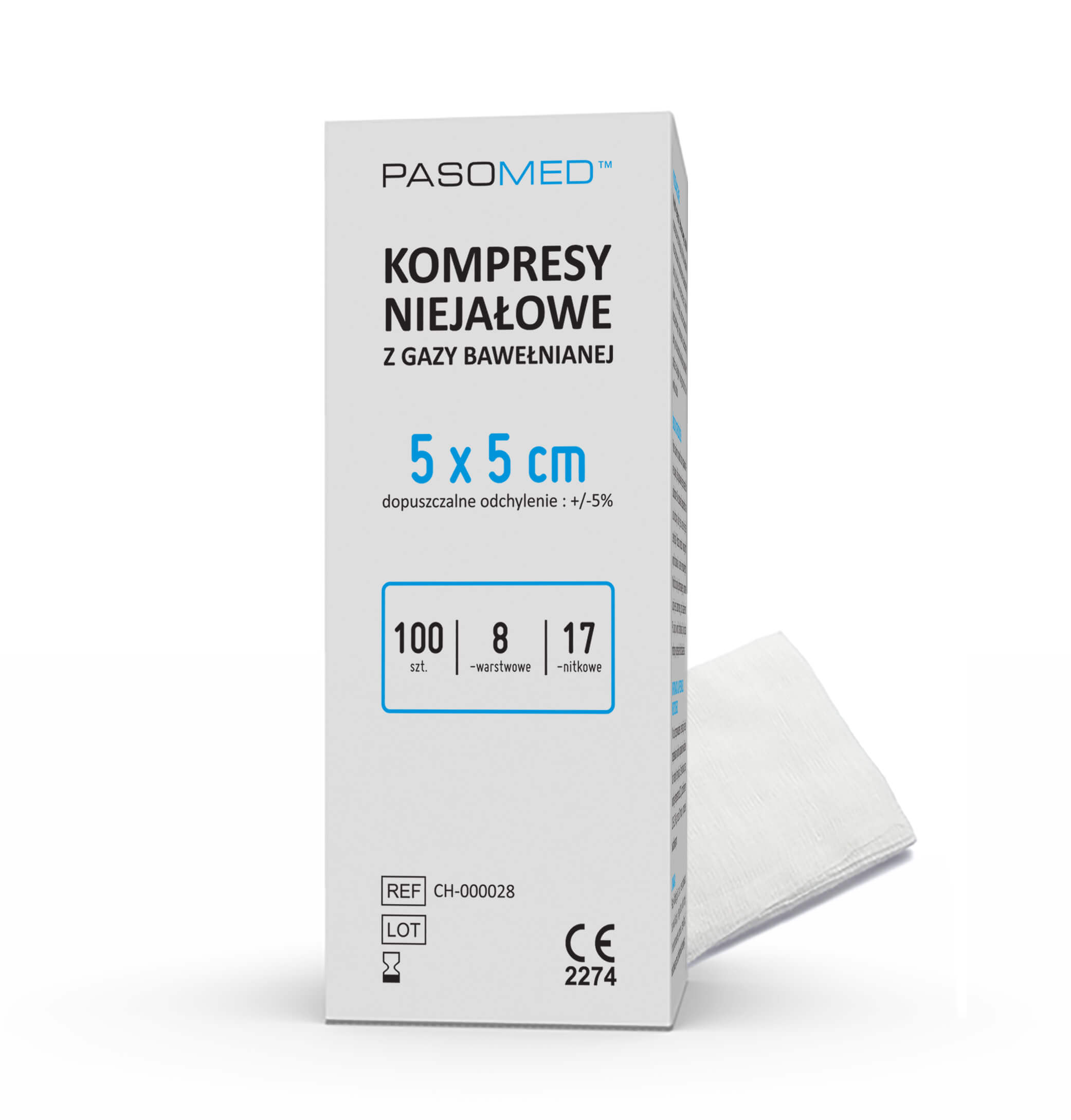 PASO Kompresy Niejałowe, z gazy bawiełnianej o wymiarach 5 x 5 cm, 100 szt.