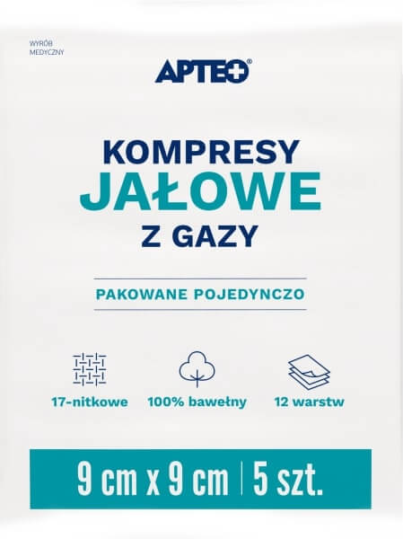 Kompresy jałowe z gazy, 9 cm x 9 cm, 5 szt.