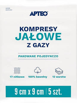 Kompresy jałowe z gazy, 9 cm x 9 cm, 5 szt.