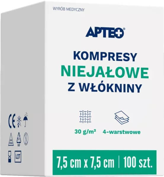 Kompresy APTEO CARE , niejałowe z włókniny, 7,5 x 7,5 cm, 100 szt.