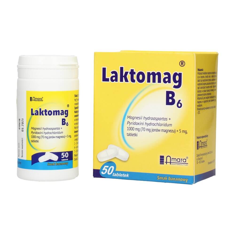 Laktomag B6, tabletki z magnezem i witaminą B6 o smaku bananowym, 50 szt.