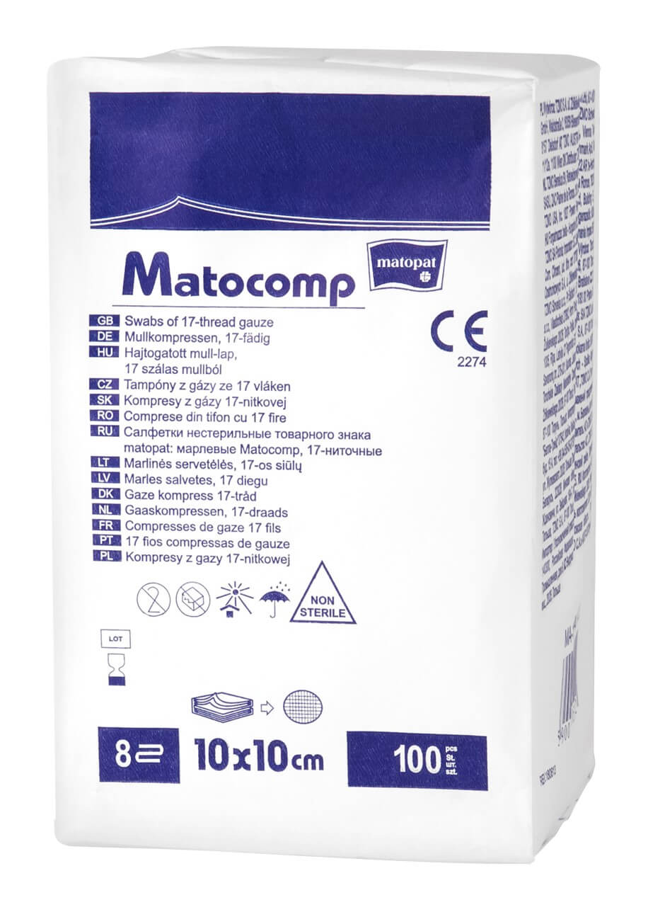 Matocomp, kompresy z gazy niejałowej 17-nitkowej, 8 warstw, 10 x 10 cm, 100 szt.