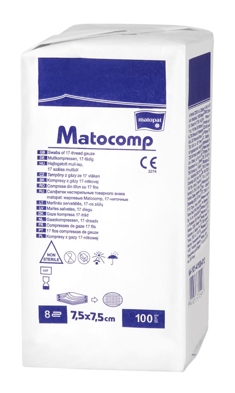 Matocomp, kompresy z gazy niejałowej 17-nitkowej 8 warstw, 7,5 x 7,5 cm, 100 szt.