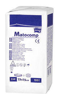 Matocomp, kompresy z gazy niejałowej 17-nitkowej 8 warstw, 7,5 x 7,5 cm, 100 szt.