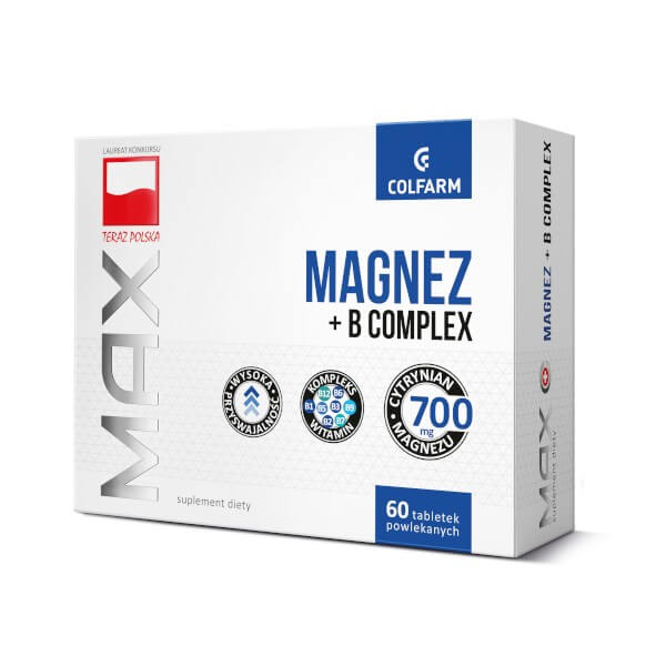 Magnez + B Complex , tabletki ze składnikami wspierającymi funkcjonowanie mięśni, równowagę elektrolitową, 60 szt.