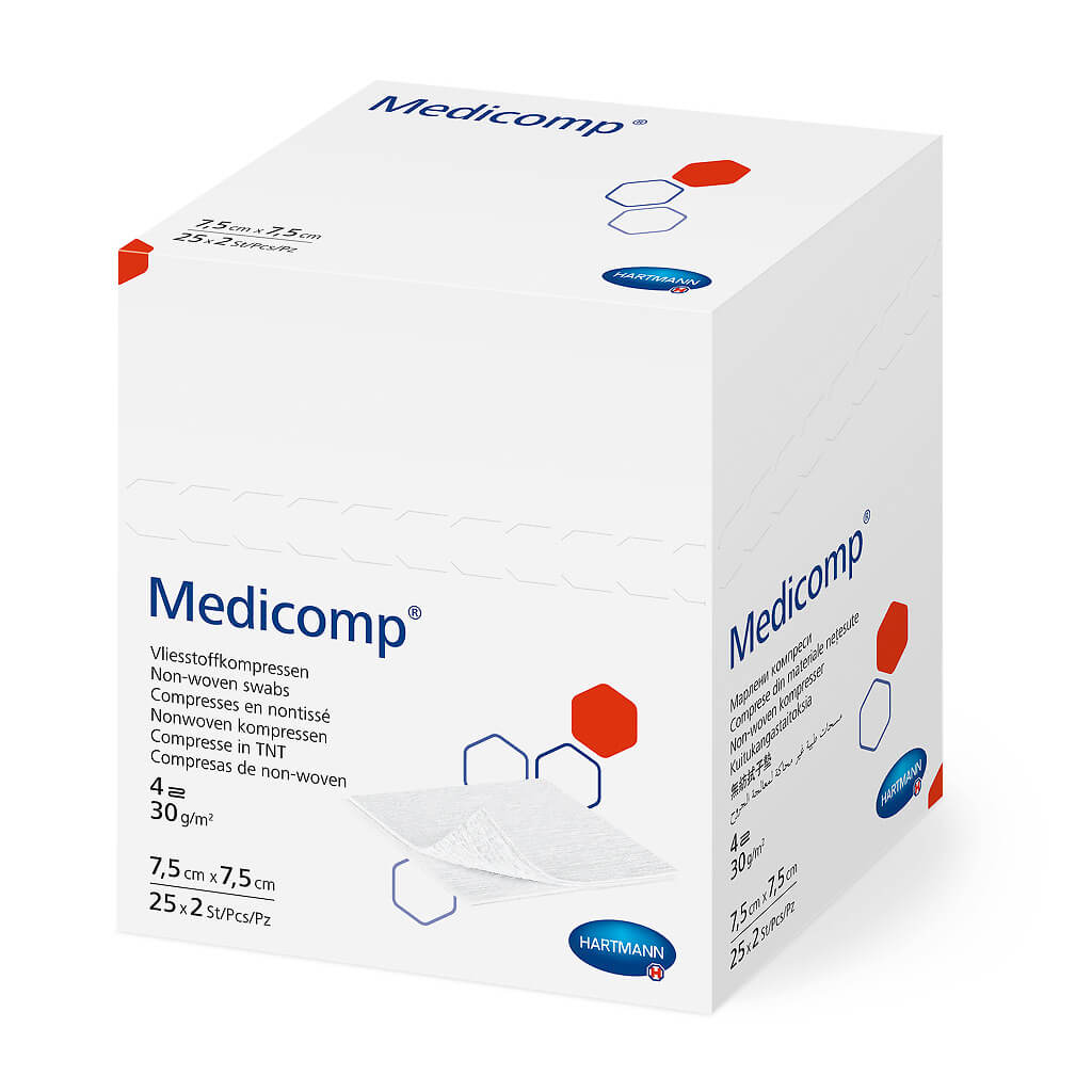 Kompresy MEDICOMP 4 , 4-warstwowe, 7,5 x 7,5 cm z włóknami jałowymi, 50 szt.