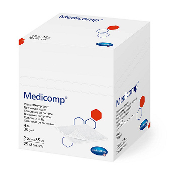 Kompresy MEDICOMP 4 , 4-warstwowe, 7,5 x 7,5 cm z włóknami jałowymi, 50 szt.
