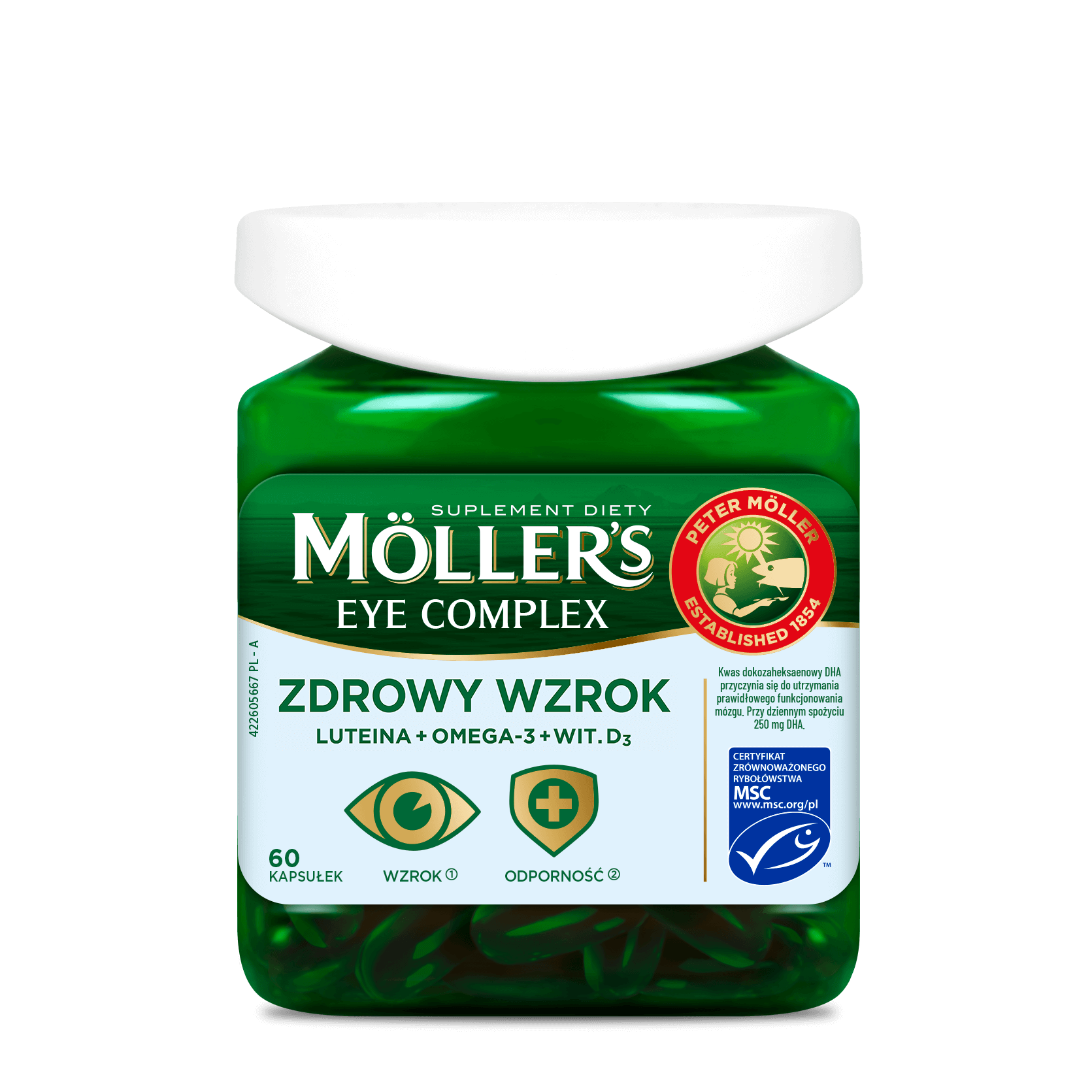 Mollers Eye Complex, kapsułki z luteiną i ze składnikami wspierającymi wzrok, 60 szt.