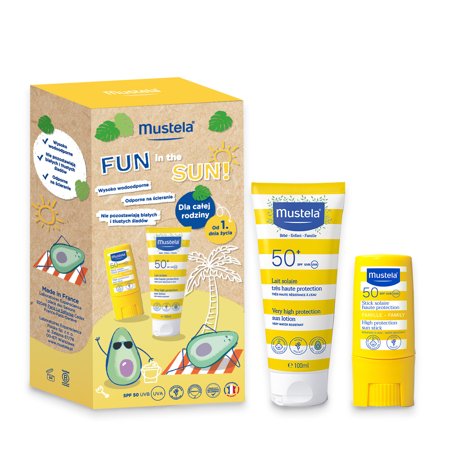 Mustela FUN IN THE SUN, zestaw: mleczko przeciwsłoneczne SPF50+ 100 ml + sztyft przeciwsłoneczny z olejem z awokado SPF50 9ml