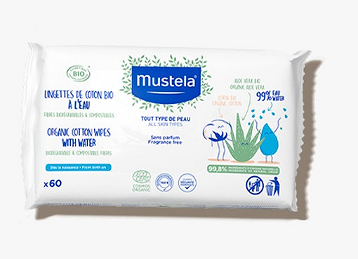 Mustela, chusteczki BIO z organicznej bawełny z wodą 60 sztuk