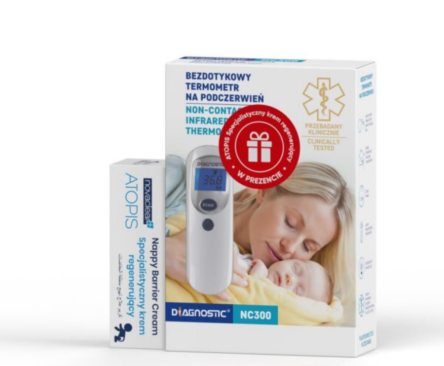 Termometr Diagnostic NC300+ Krem reg.ATOPI, bezdotykowy termometr na podczerwień w zestawie z kremem regenerujących, 1 szt.