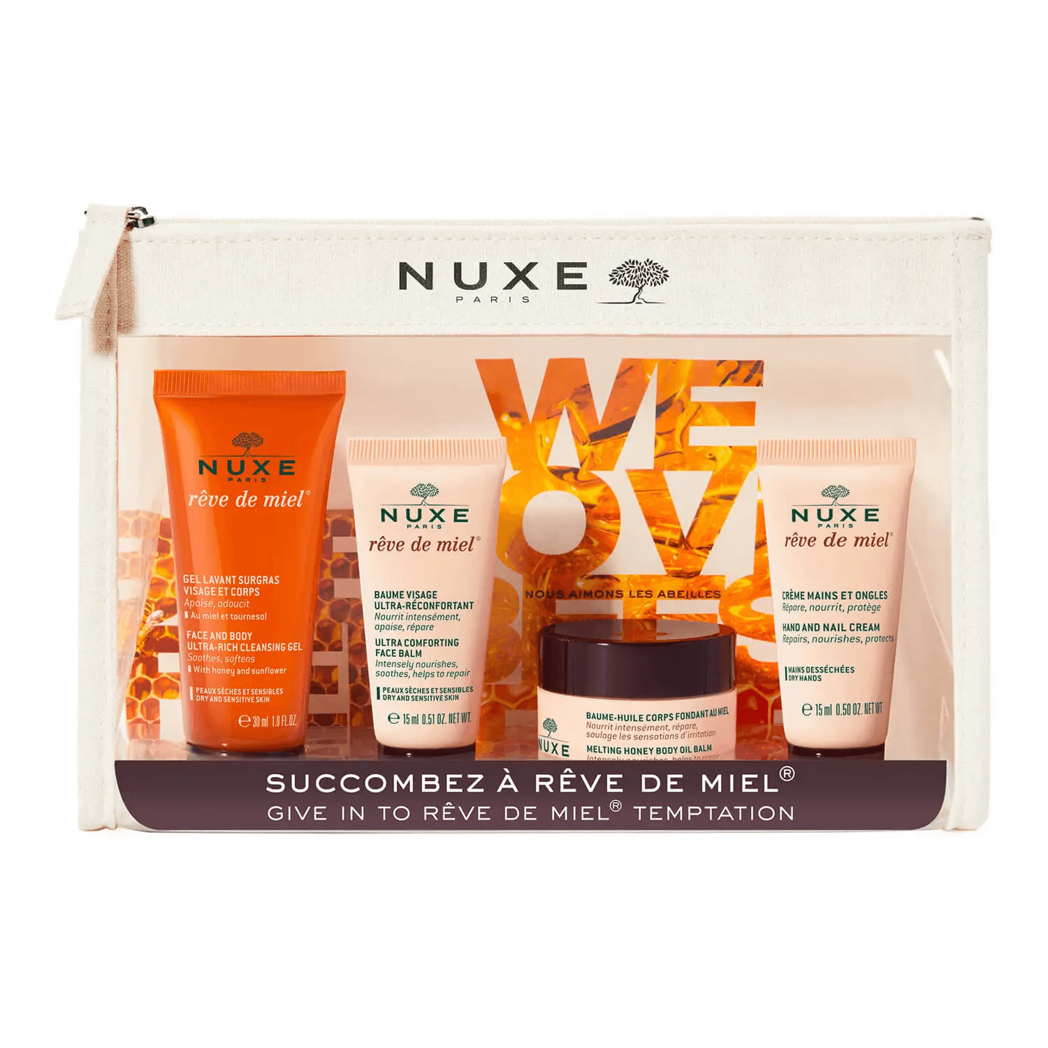 NUXE Reve De Miel Kosmetyczka Podróżna , żel, 30 ml + krem do twarzy, 15 ml + balsam, 30 ml + krem do rąk,15 ml