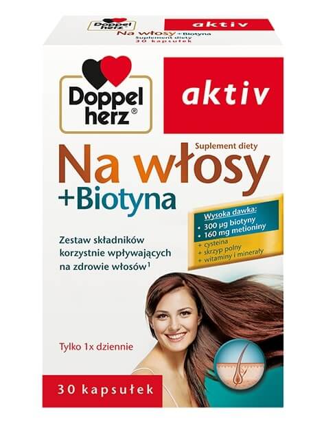 Doppelherz aktiv Na włosy + Biotyna  kapsułki z biotyną na zdrowe włosy, 30 szt. 