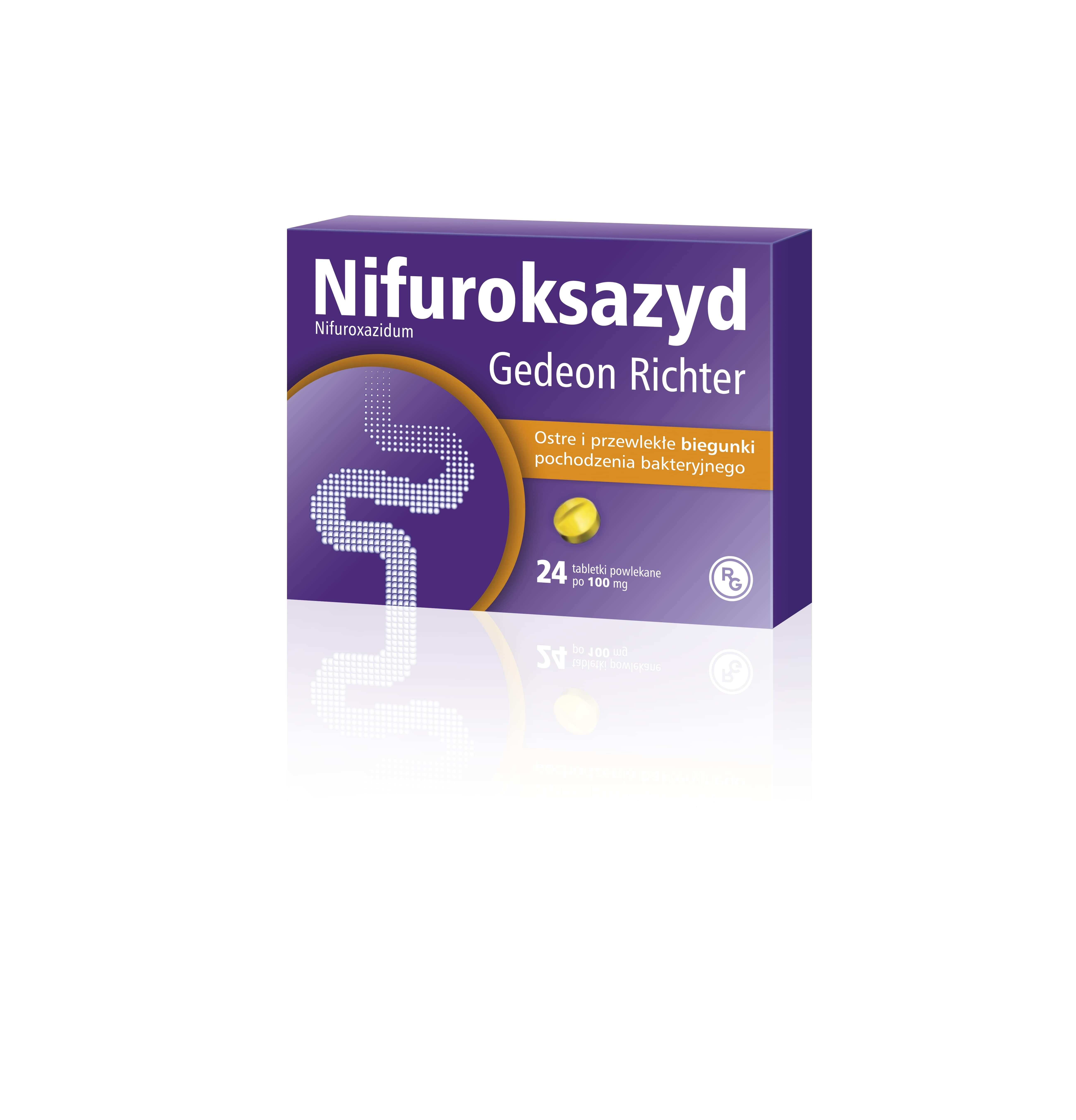 Gedeon Richter  Nifuroksazyd 100 mg, tabletki powlekane o działaniu przeciwbiegunkowym, 24 szt.