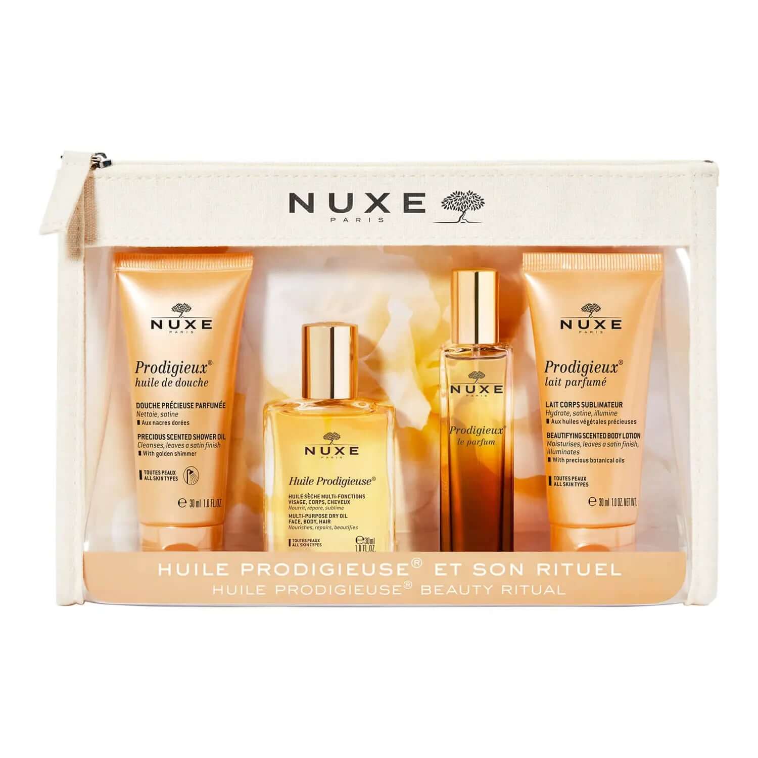 NUXE POLSKA NUXE Kosmetyczka Prodigieuse, zestaw: mleczko do ciała 30 ml + perfumy 15 ml + suchy olejek 30 ml + olejek pod prysznic 30 ml — Składniki i ocena