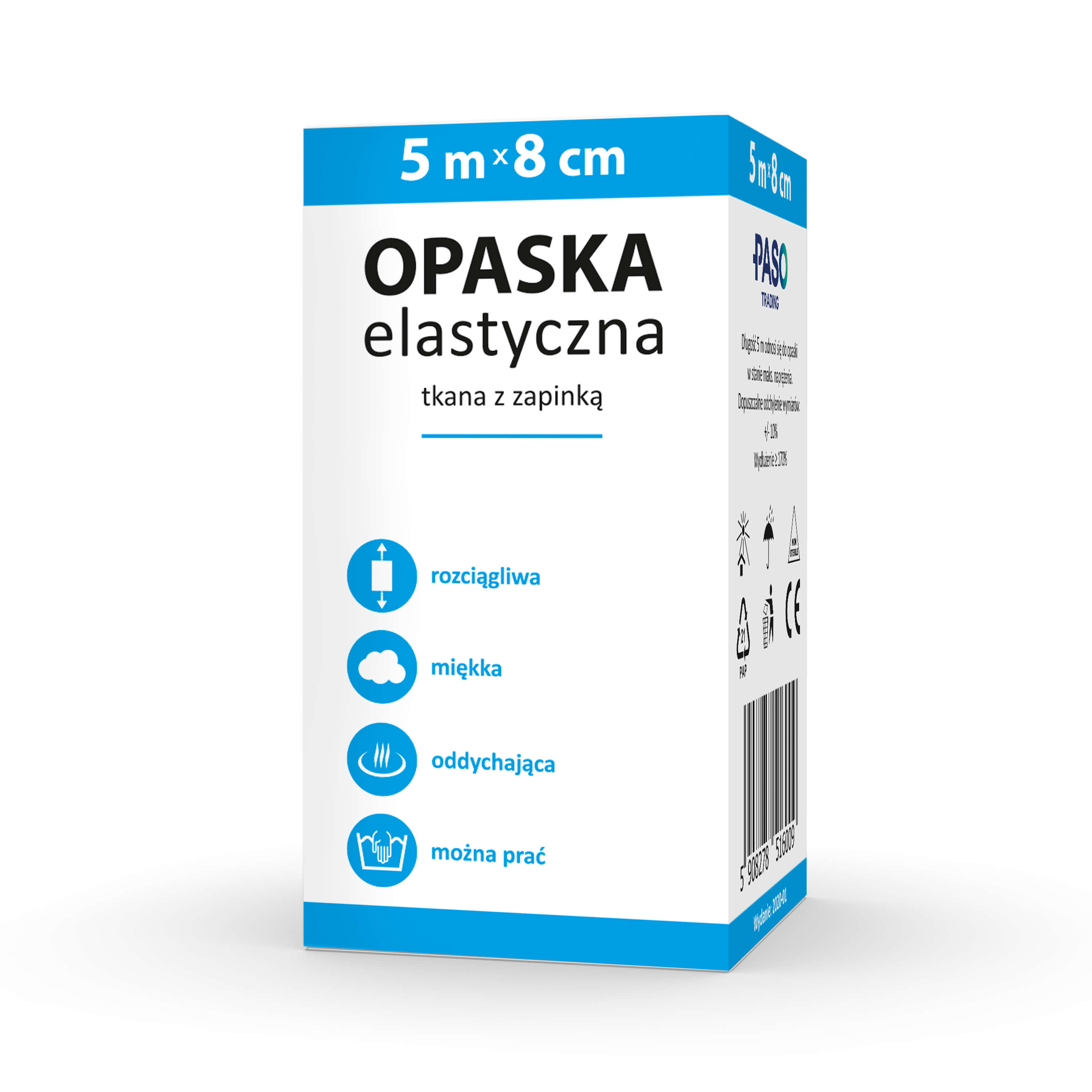PASO Opaska elastyczna tkana z zapinką, 5 m x 8 cm, 1 szt.
