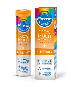 Plusssz 100% Multiwitamina + Minerały, tabletki musujące z witaminami o smaku mango - pomarańcza, 20 szt.