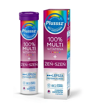 Plusssz 100% Multiwitamina + Żeń-Szeń, tabletki musujące z witaminami o smaku owoców leśnych, 20 szt.