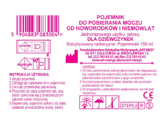Pojememnik do pobierania moczu, od noworodków i małych dzieci, jałowy, dla dziewczynek, 1 szt.