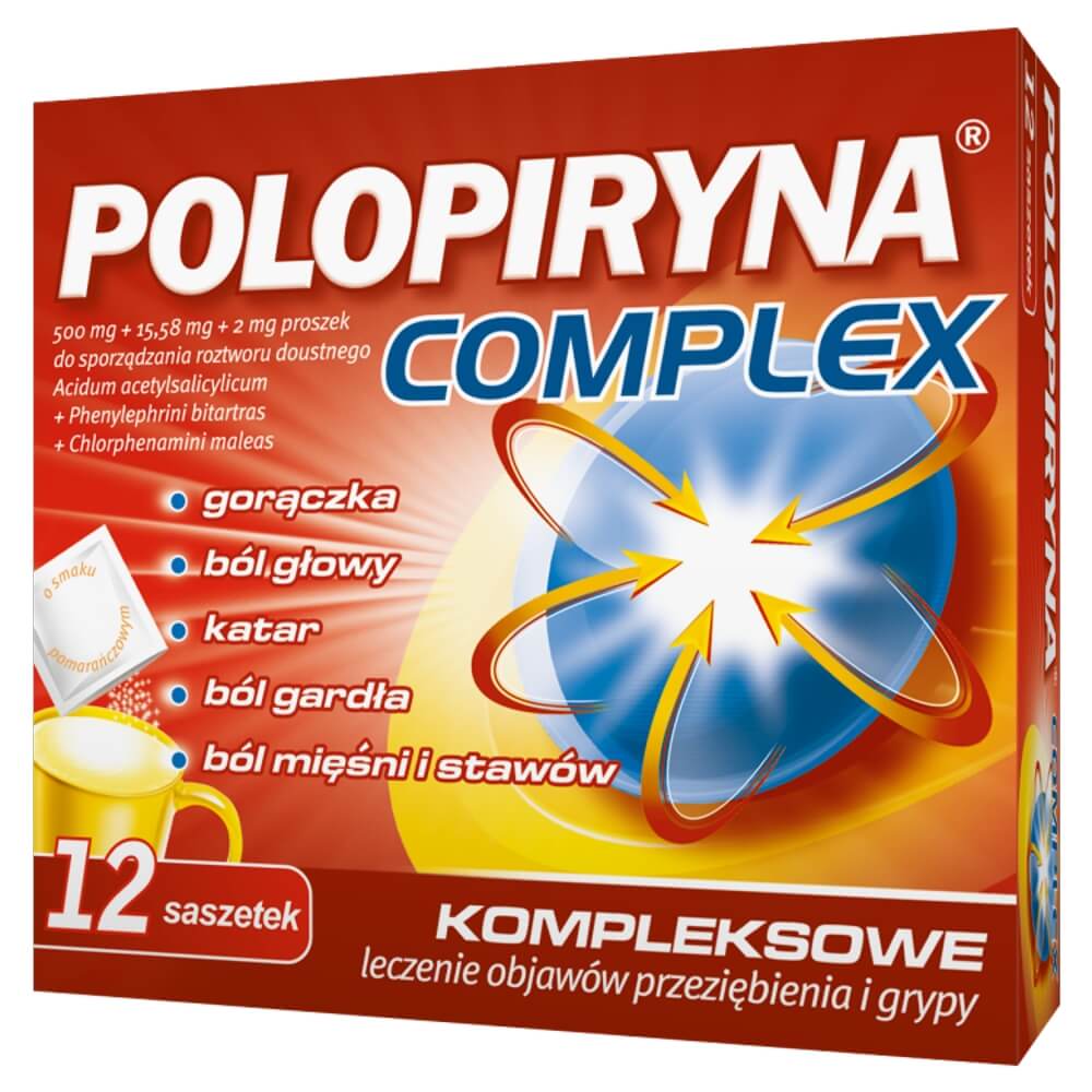 Polopiryna Complex 500 mg + 2 mg + 15,58 mg, proszek na leczenie objawów przeziębienia i grypy, 12 sasz.