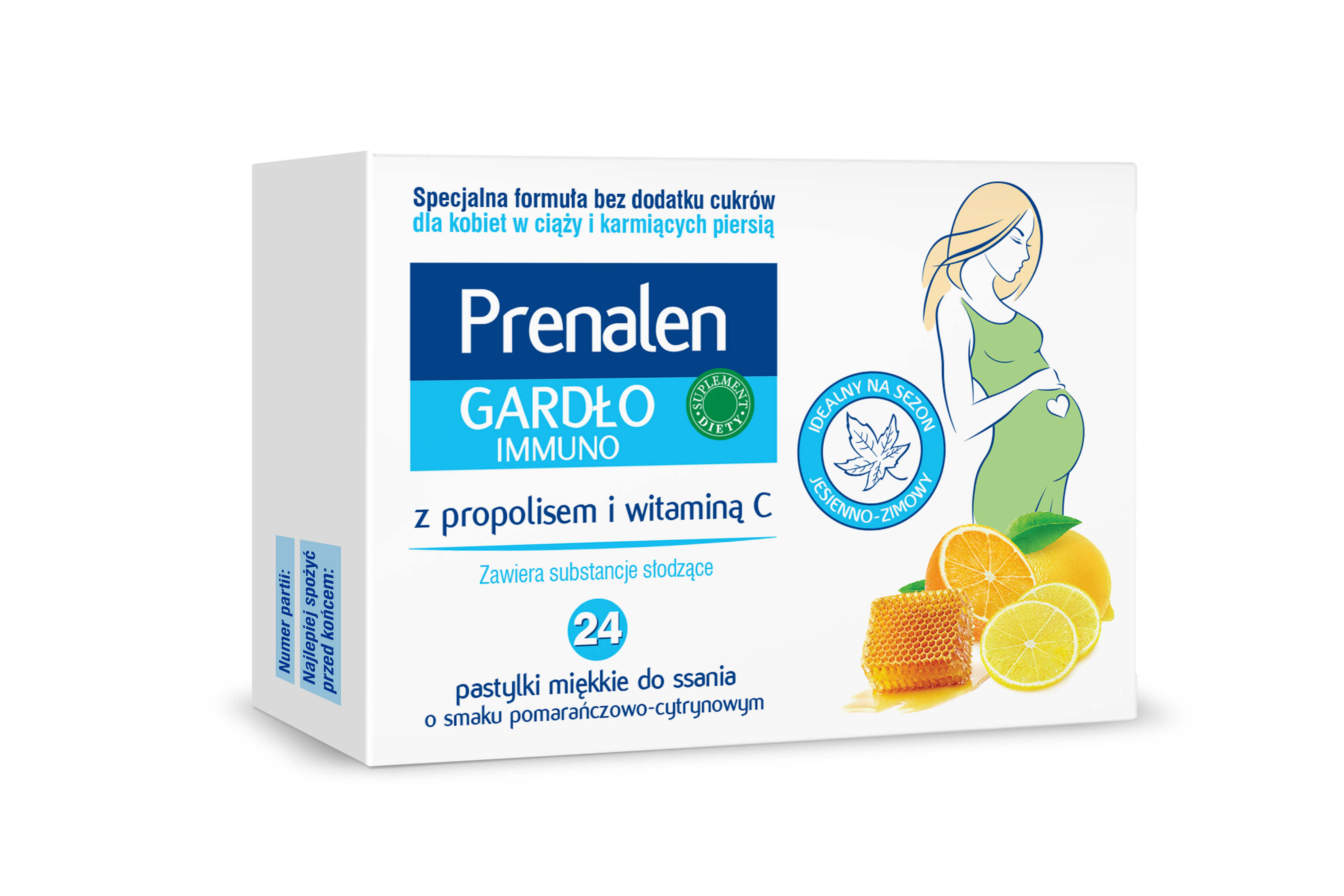 Prenalen Gardło Immuno, pastylki z propolisem i witaminą C o smaku pomarańczowo-cytrynowym dla kobiet w ciąży, 24 szt.
