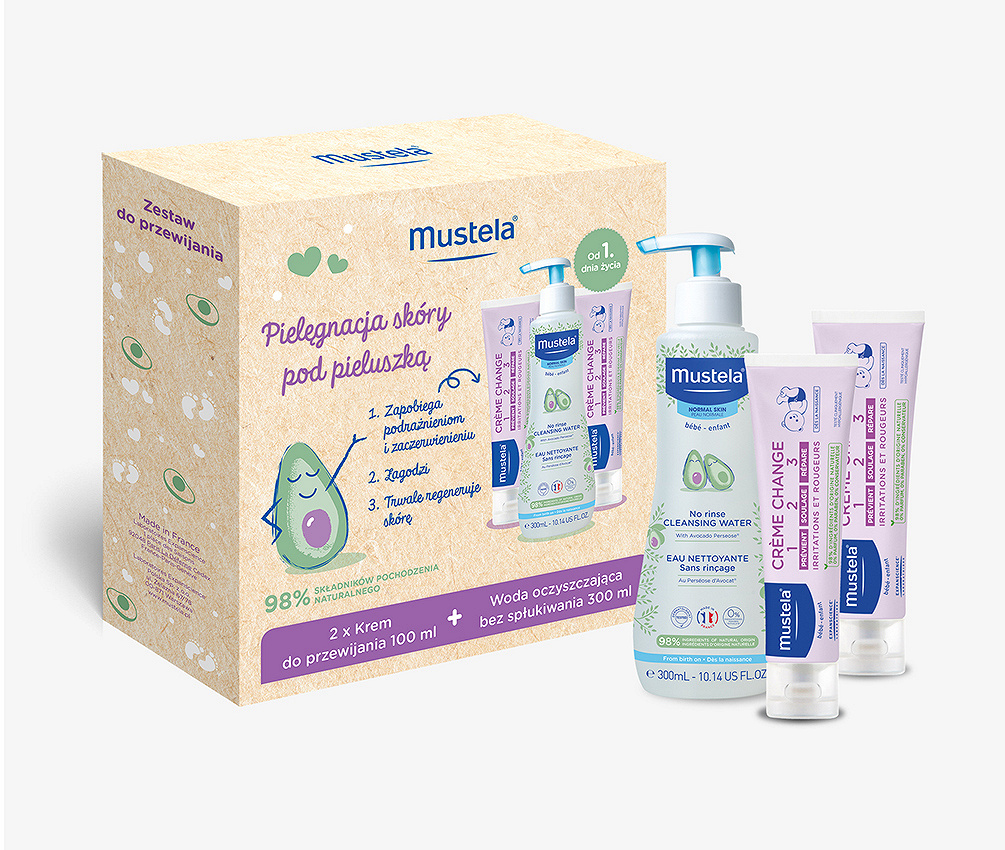 MUSTELA Zestaw do Przewijania, zestaw: 2 x krem do przewijania - 100 ml + woda oczyszczająca - 300 ml