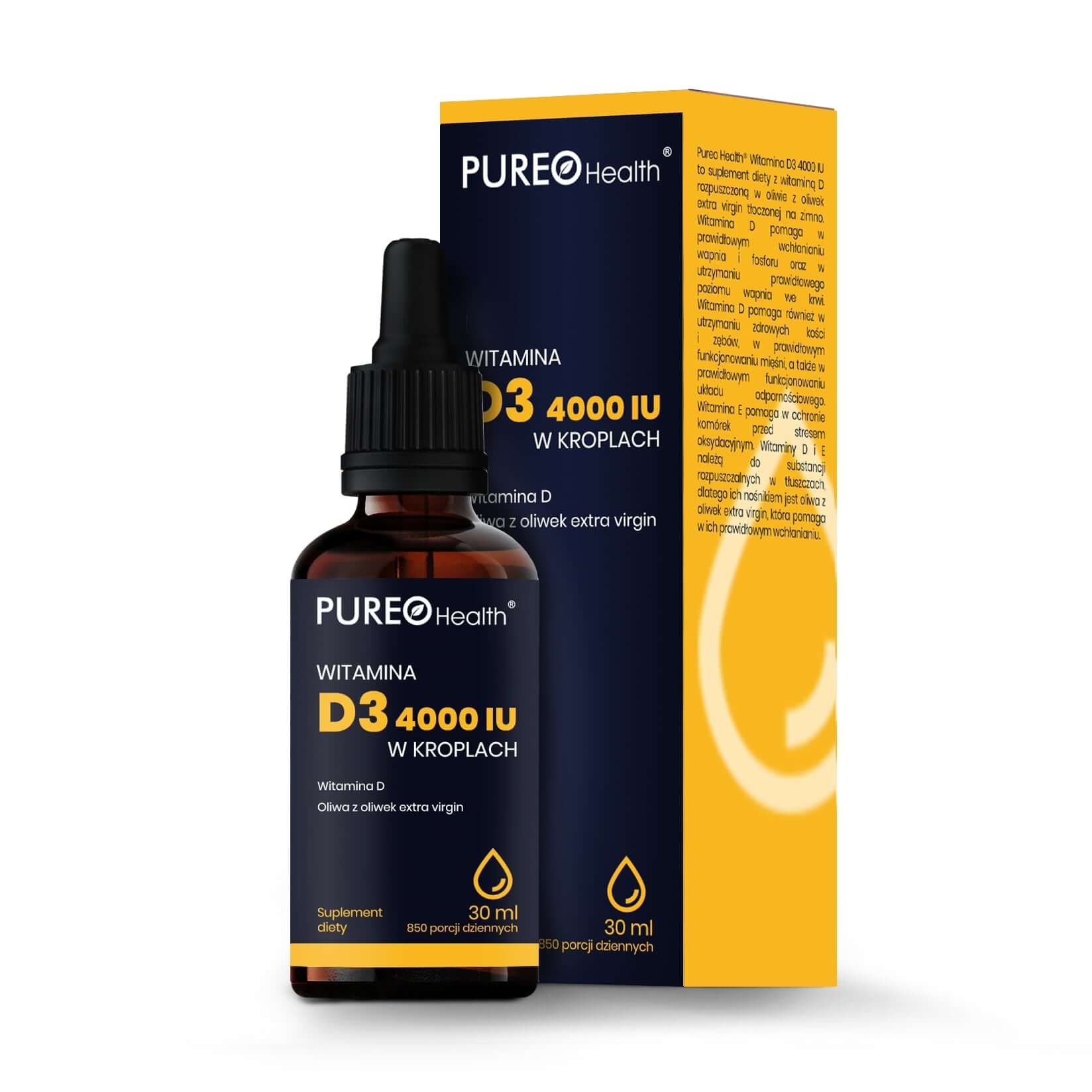 PUREO Health witamina D3 4000IU  krople doustne ze składnikami wspierającymi mocne kości, 30 ml