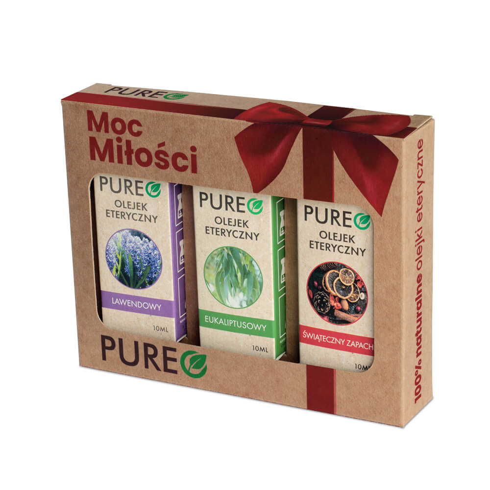 PUREO Moc Miłości, zestaw: olejek lawendowy – 10 ml + olejek eukaliptusowy – 10 ml + olejek świąteczny zapach – 10 ml