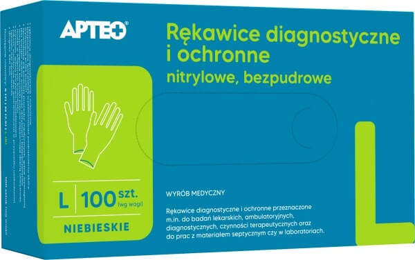 Rękawice diagnostyczne i ochronne, nitrylowe i bezpudrowe rozmiar L, 100 szt.