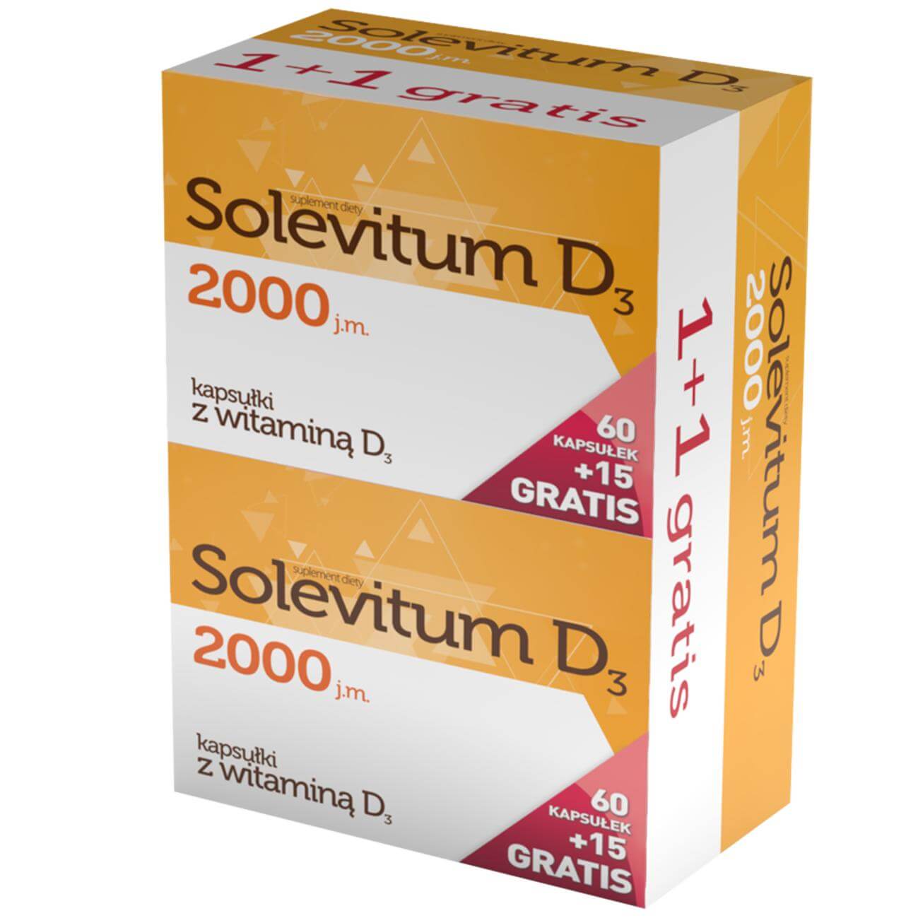 Solevitum D3 2000 j.m,, kapsułki ze składnikami wspierającymi odporność, 1+1 gratis, 150 szt.