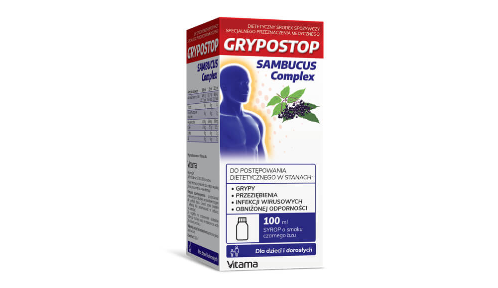 Grypostop Sambucus Complex , syrop ze składnikami wspomagającymi  w przeziębieniu i grypie, 100 ml