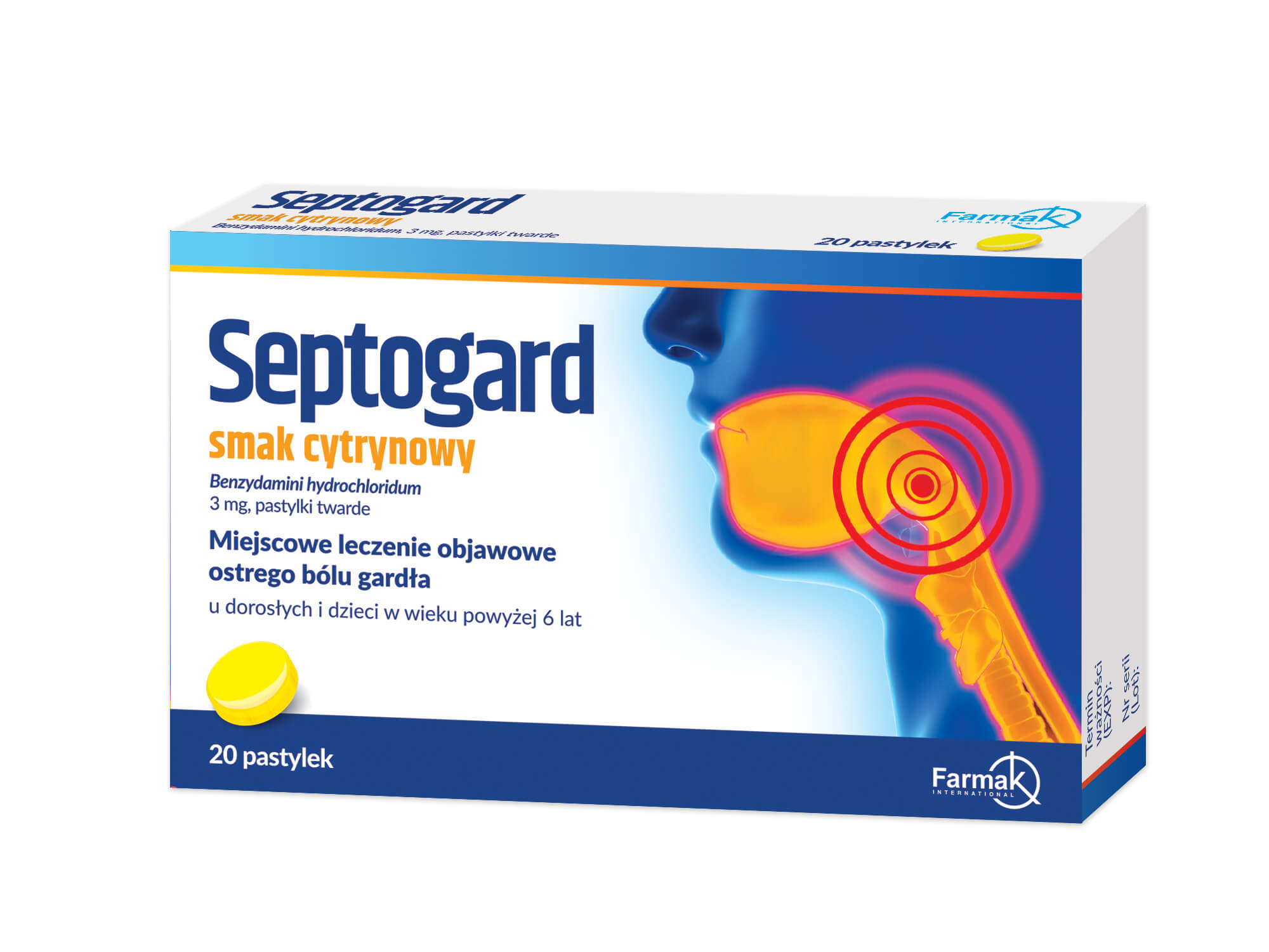 Septogard  pastylki do miejscowego leczenia ostrego bólu gardła o smaku cytrynowym, 20 szt.