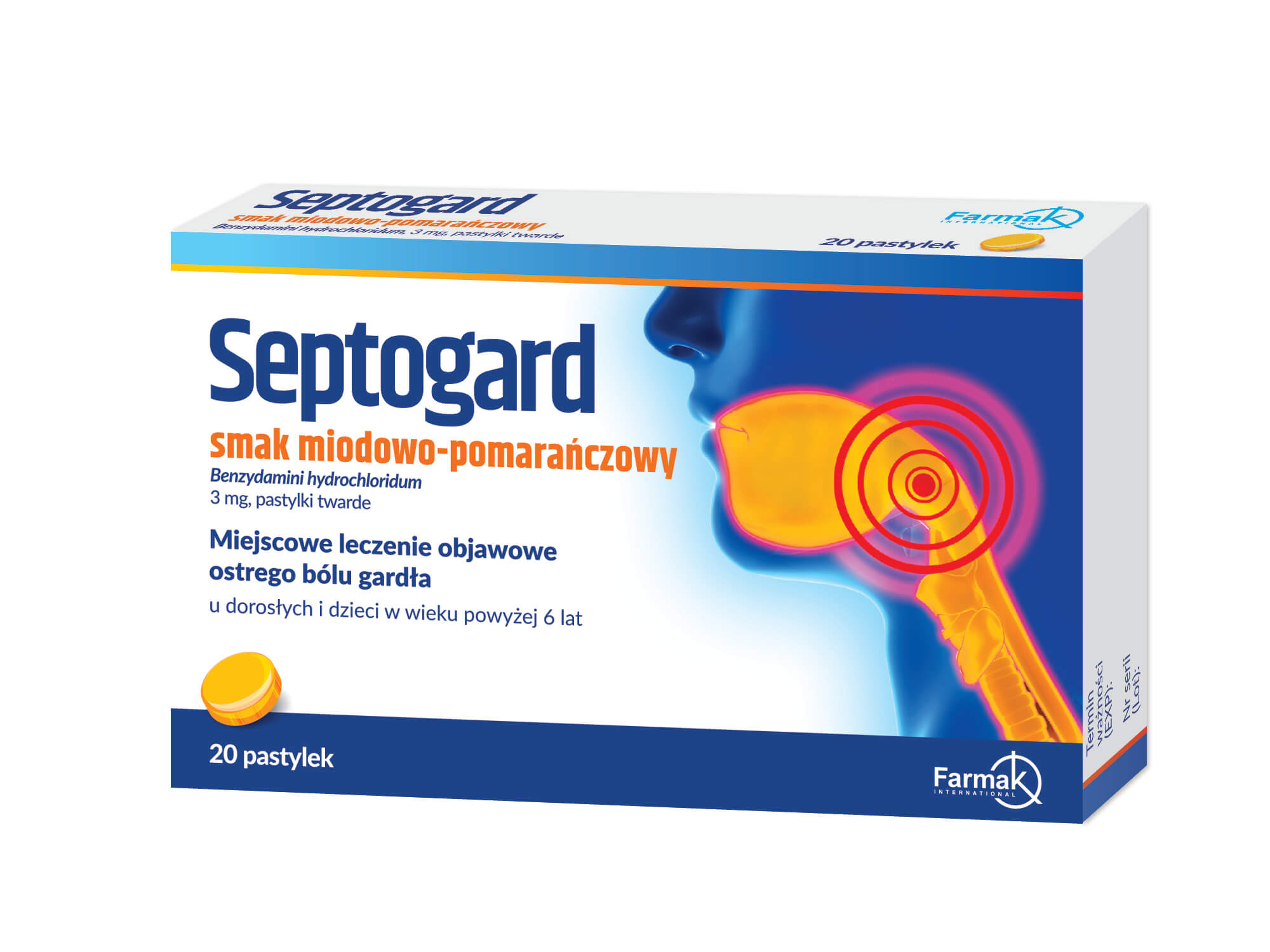 Septogard , pastylki do miejscowego leczenia ostrego bólu gardła o smaku miodowo-pomarańczowym, 20 szt.