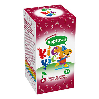 Septusie KIC KIC, lizaki o smaku truskawkowym dla dzieci ze składnikami wspomagającymi w bólu gardła, 6 szt.