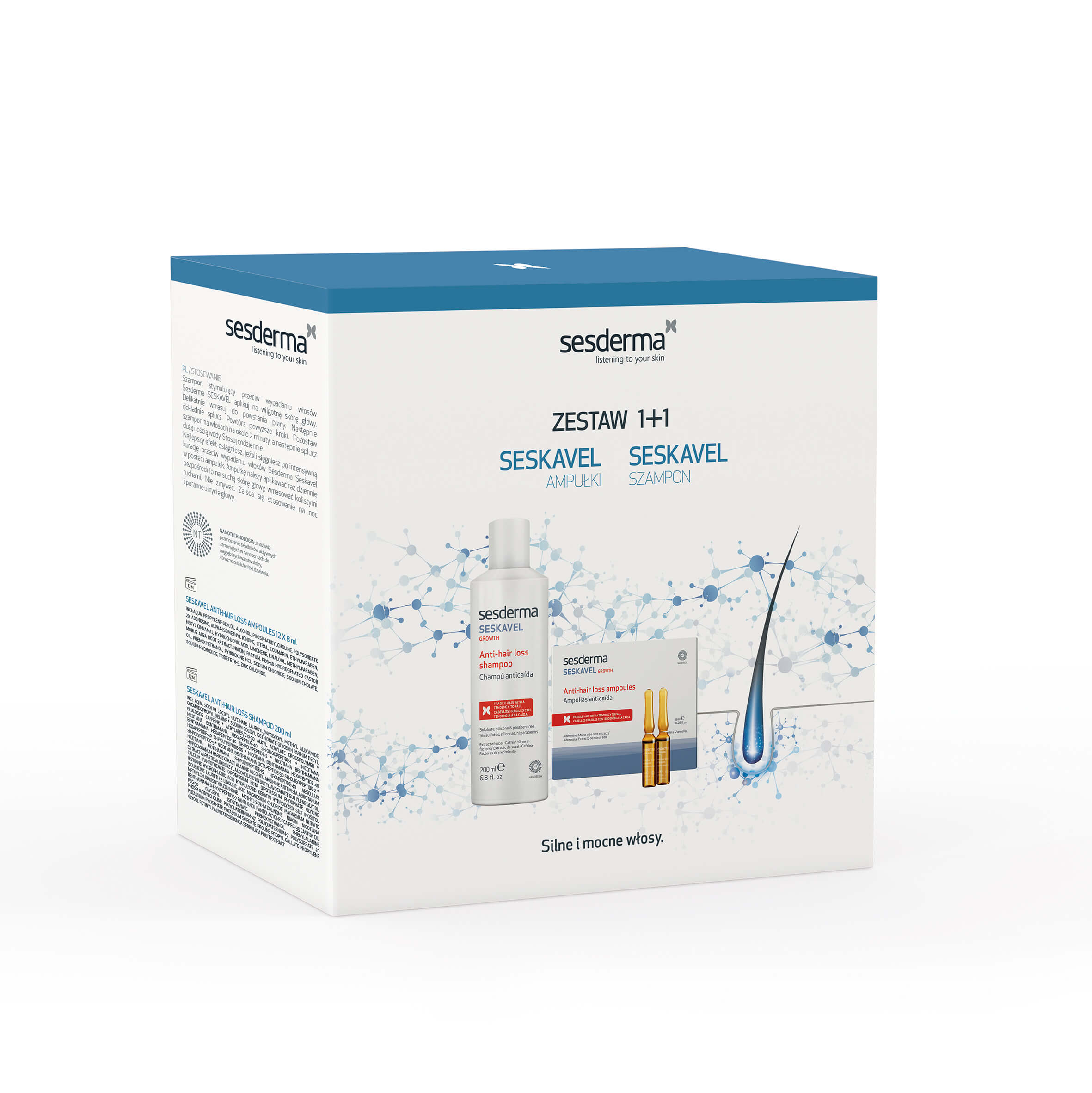 SESDERMA S.L. SESDERMA ZESTAW 1+1,  zestaw: SESKAVEL szampon – 200 ml + SESKAVEL ampułki – 12 szt. x 8 ml