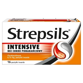 Strepsils Intensive , pastylki na ból gardła o smaku pomarańczowym bez cukru, 16 szt.