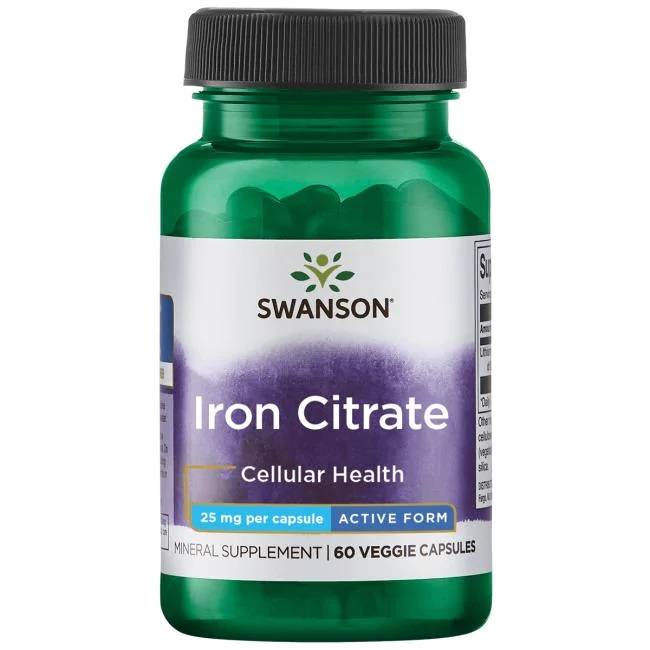 Swanson Cytrynian Żelaza 25 mg, kapsułki ze składnikami uzupełniającymi niedobory żelaza, 60 szt.